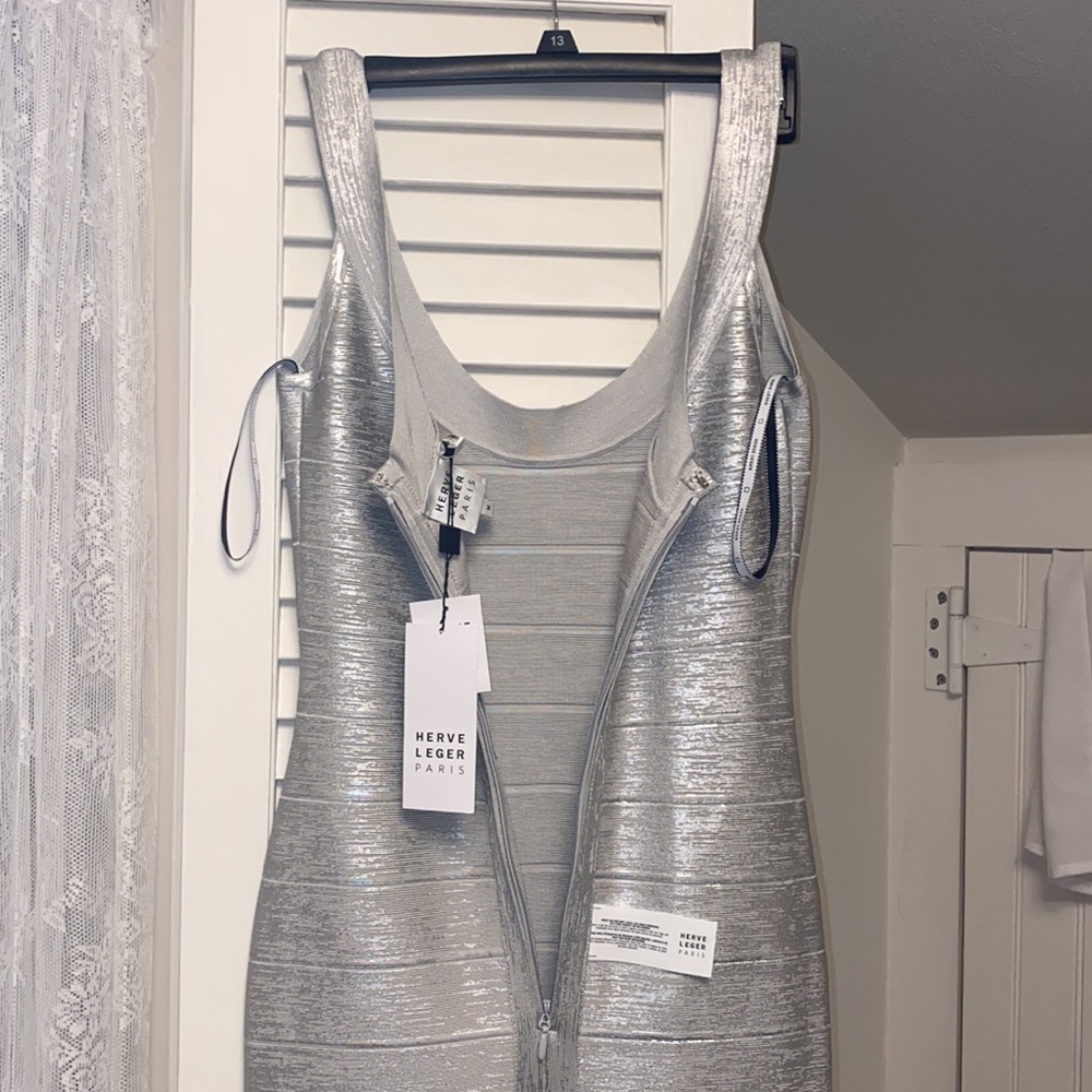 NWT Silver Foil Herve Leger Long Cocktail Dress - Picture 11 of 13